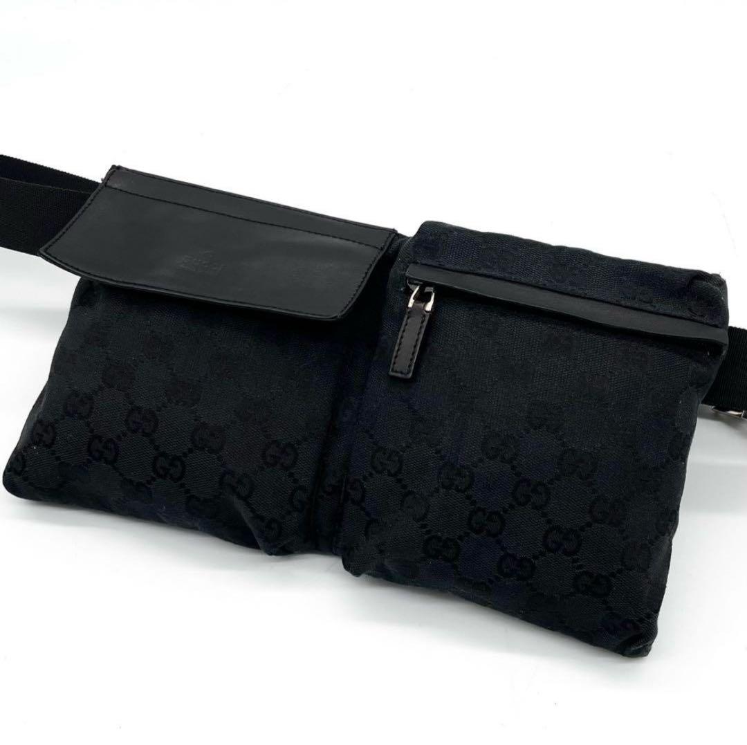 極美品✨グッチ ボディバッグ GG キャンバス レザー ウエストバッグ ブラック