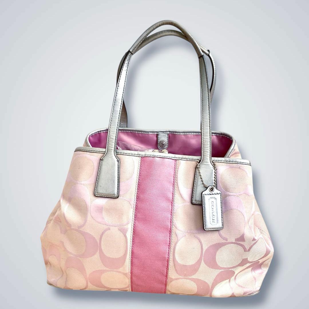 バッグ COACH pink signature kisslock tote bag