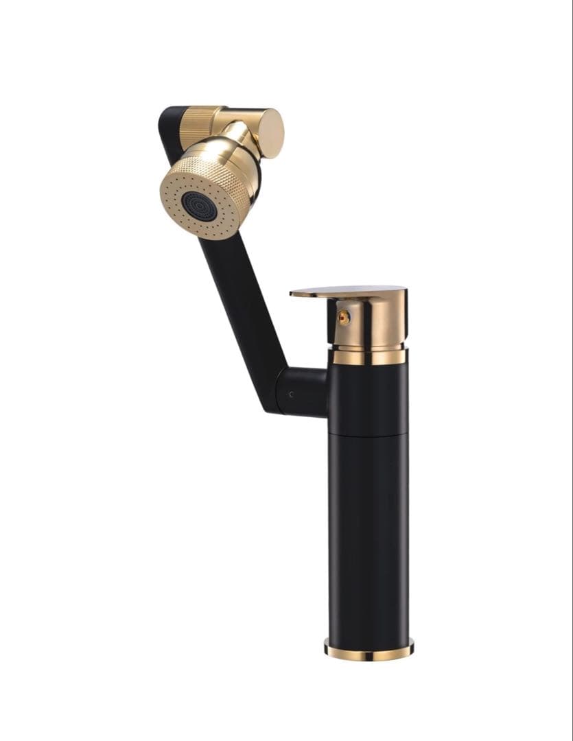 洗面水栓 混合水栓 高さ調整付 き シングルハンドル 黒 1080°回転 混合栓