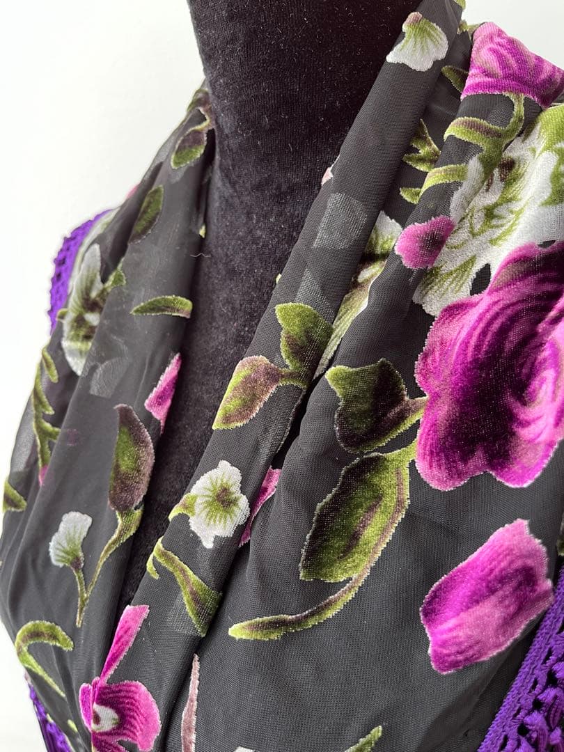 【アウトレット】フラメンコ　マントンシージョ　黒地xパープル花柄　パープルフレコ
