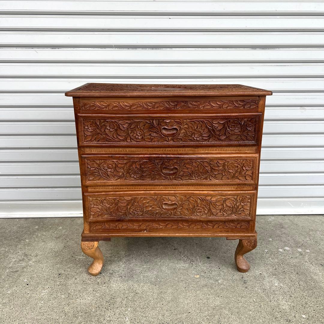 高級 アジアアン アンティーク 彫刻入り木製 引き出し付き