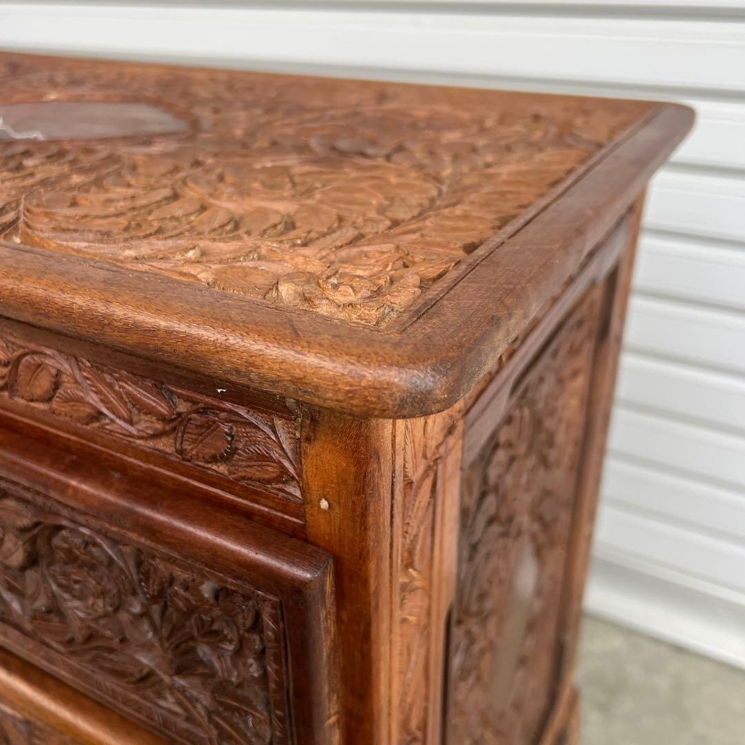 高級 アジアアン アンティーク 彫刻入り木製 引き出し付き