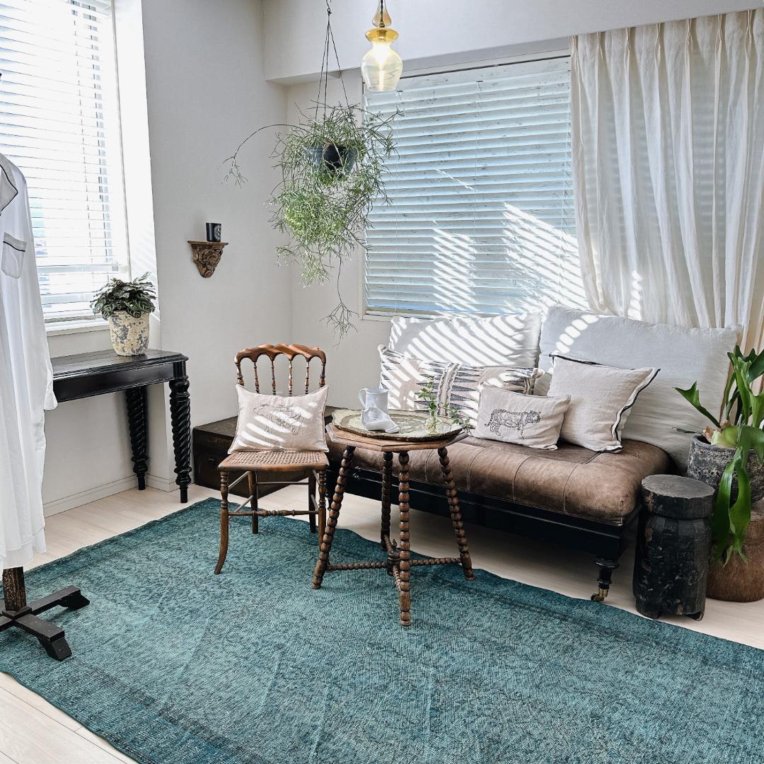 【訳アリ】トルコ ヴィンテージラグA114超大判 ターコイズブルー オーバーダイ