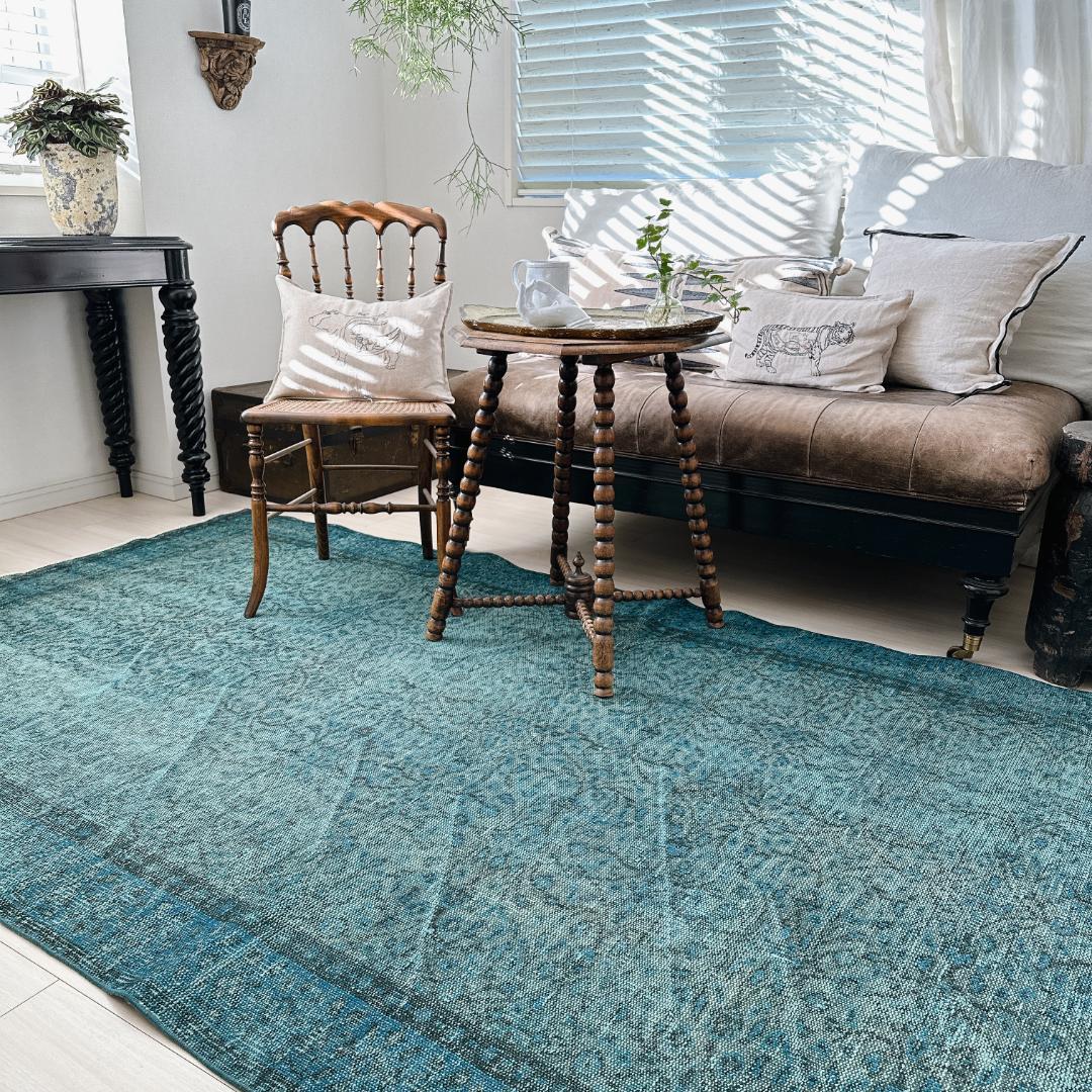 【訳アリ】トルコ ヴィンテージラグA114超大判 ターコイズブルー オーバーダイ