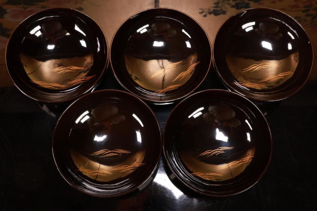 コーヒーじいさん専用　BJ021 時代輪島塗　波に雲上富士図金蒔絵　吸物椀　五客