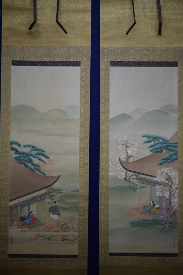 /土佐光起/大和絵/人物図/桜花/紅葉/双幅/杉塗箱付/布袋屋掛軸HJ-474