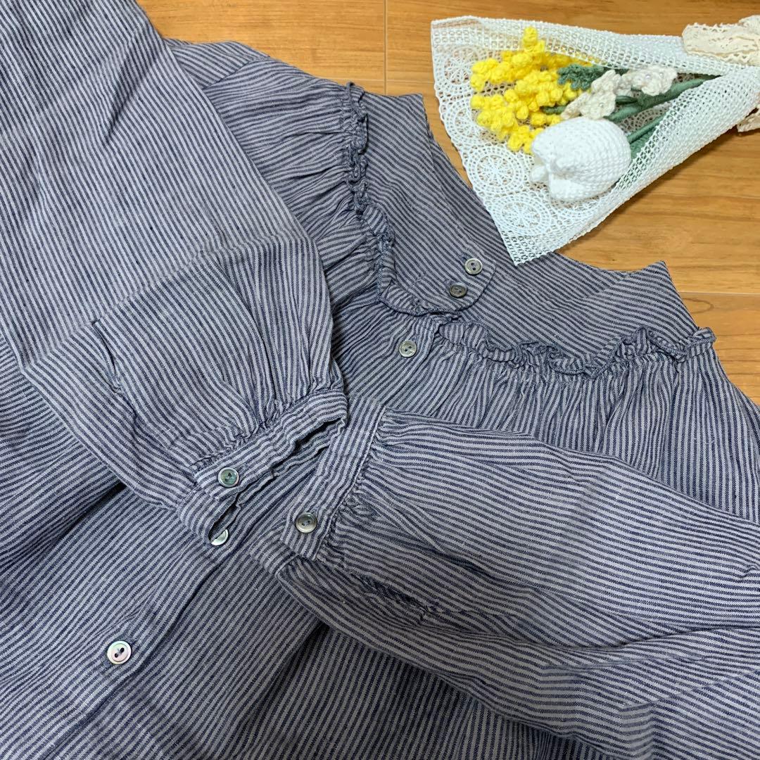 ネストローブ　リネンストライプボトルギャザーブラウス