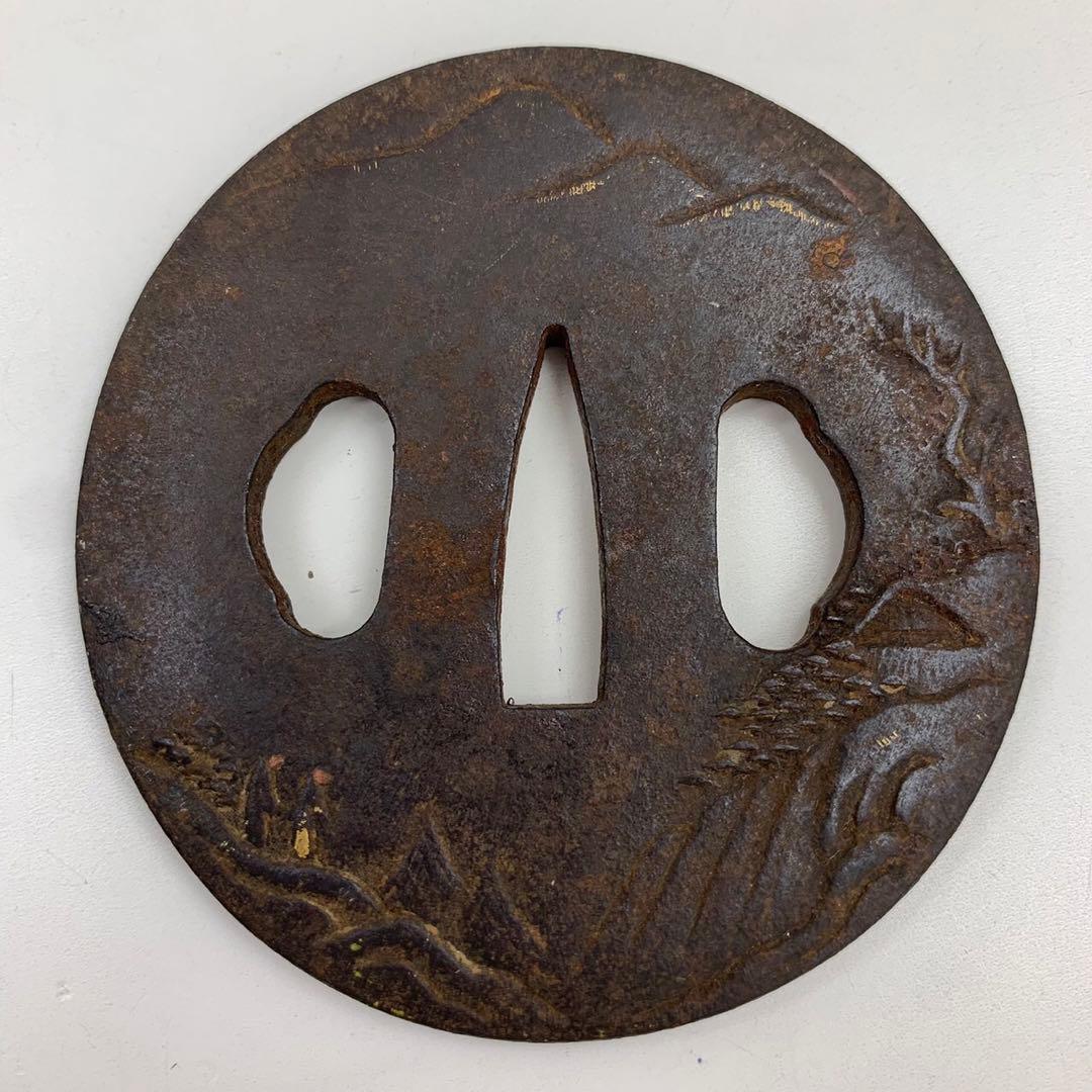 刀鍔 金象嵌 金彩 刀装具 鉄鍔 山水家人図 時代物