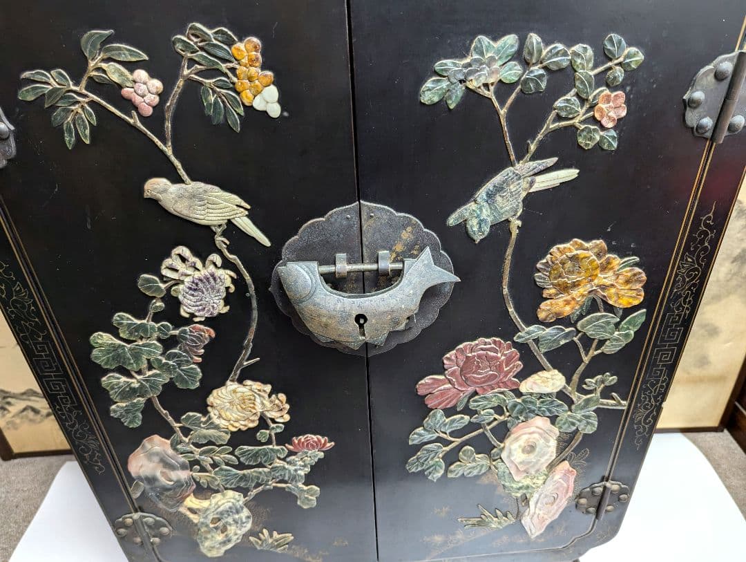 美術品 中国玉石木製 箪笥 花鳥模様 骨董品　アンティーク　レトロ