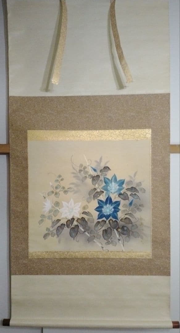 正統派日本画家・舟越長嘉画　掛け軸「鉄線花」