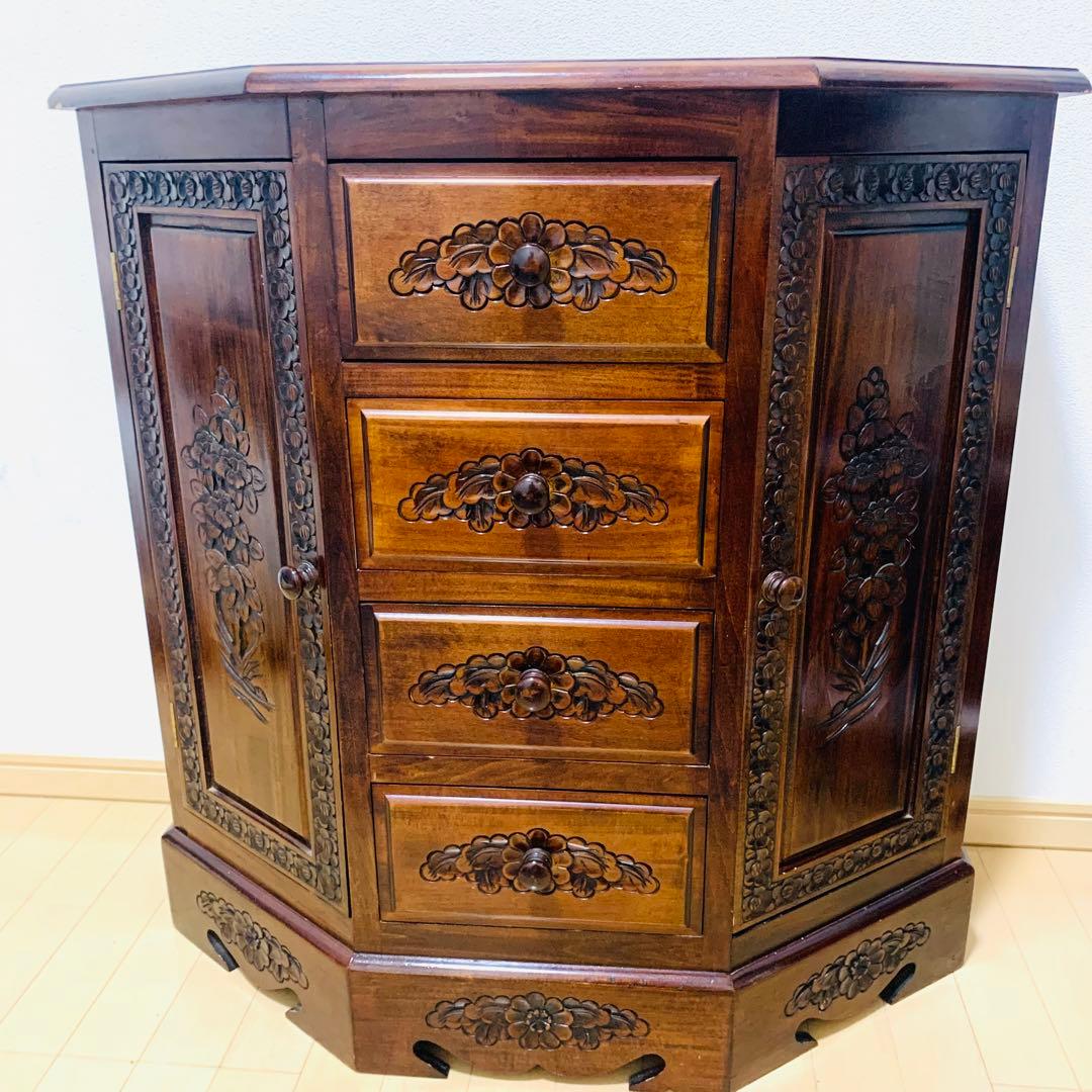 木彫刻 チェスト 引き出し 4段 サイドボード キャビネット アンティーク調