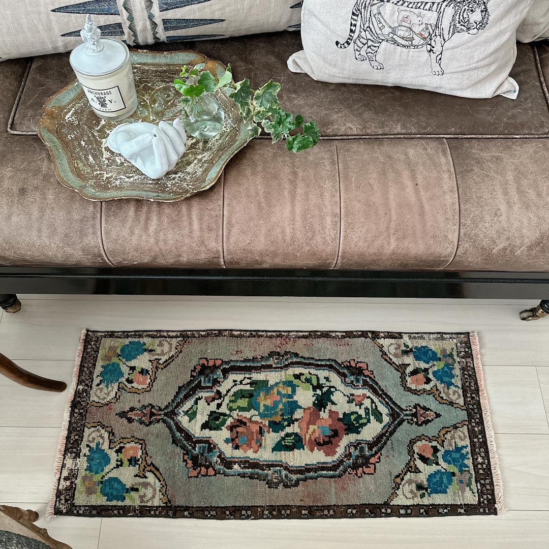 トルコ ヴィンテージラグ A50人気柄 レア ペールブルー ピンク グリーン