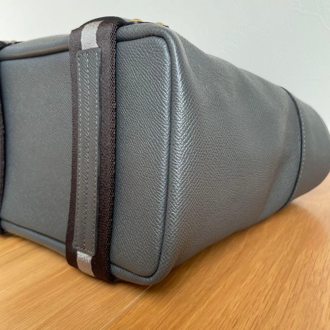 美品ADMJ ハンドバッグ レザー キャンバス　グレー　ストライプ