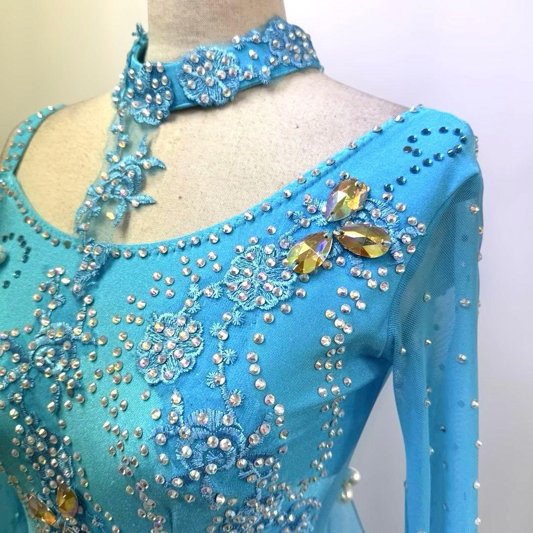 6316★M 水色 花柄レース スタンダードドレス 社交ダンス