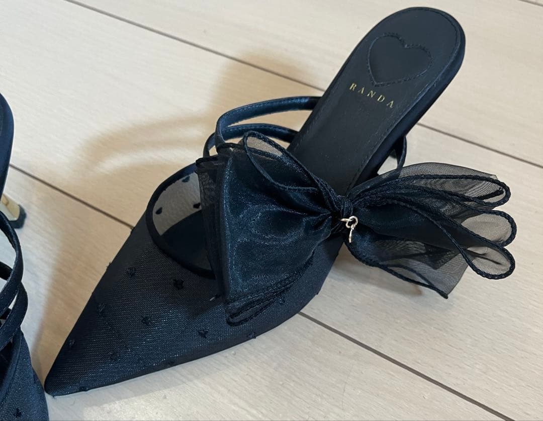 RANDA シフォンリボンハートミュールパンプス 25.5cm ブラック ランダ