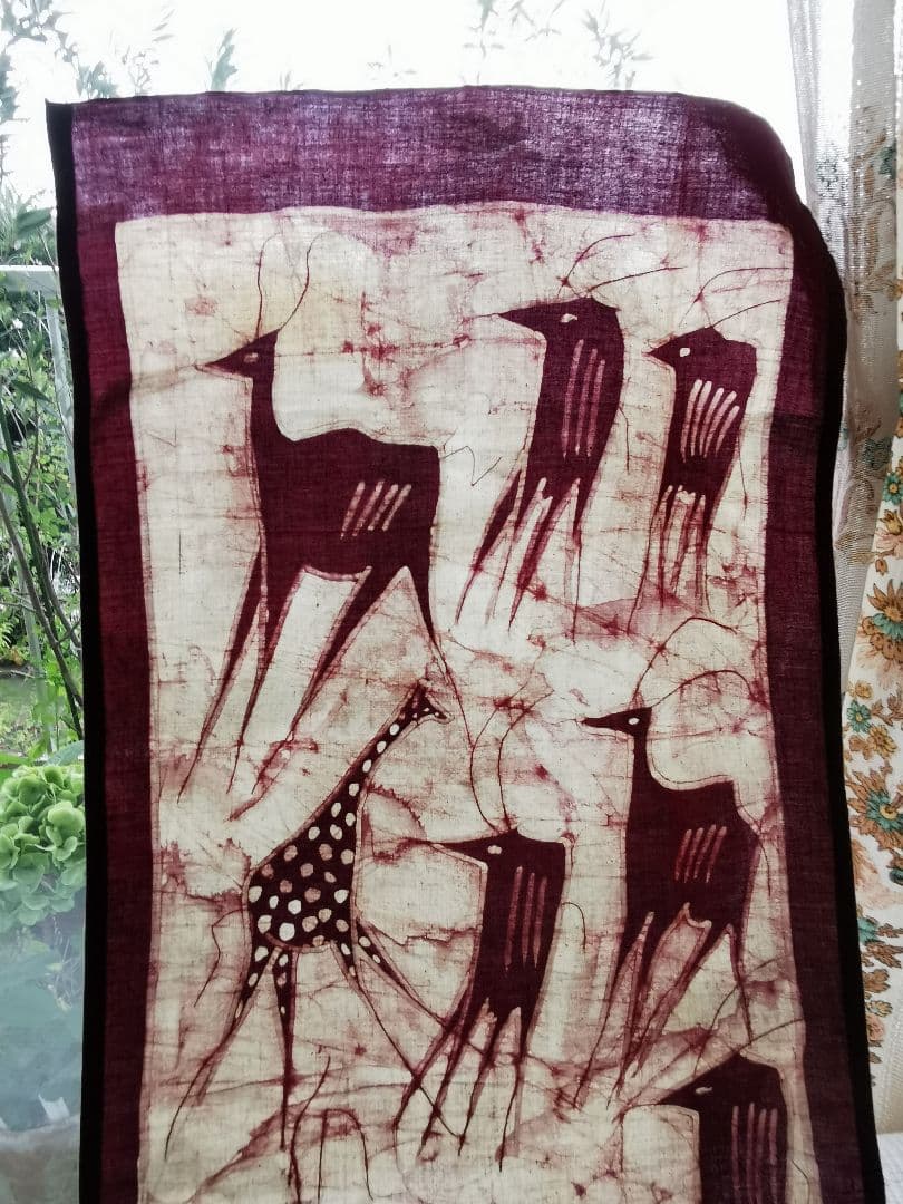 フランスアンティーク店購入バティック 洞窟装飾壁画 古代動物 蝋纈染タペストリー
