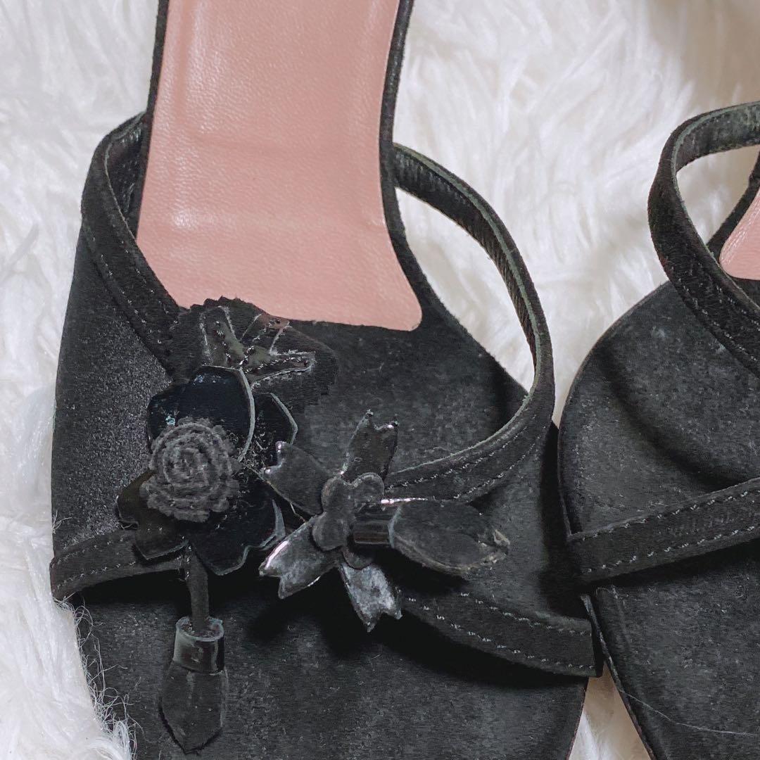 プラダ PRADAレザー フラワー サンダル ミュール 黒 36