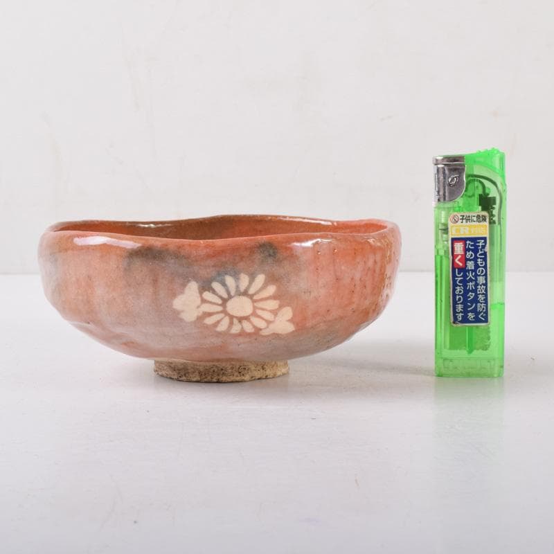 茶道具　楽焼　小川長楽造　花蟹文　赤楽平茶碗　夏茶碗　時代箱　C　7393