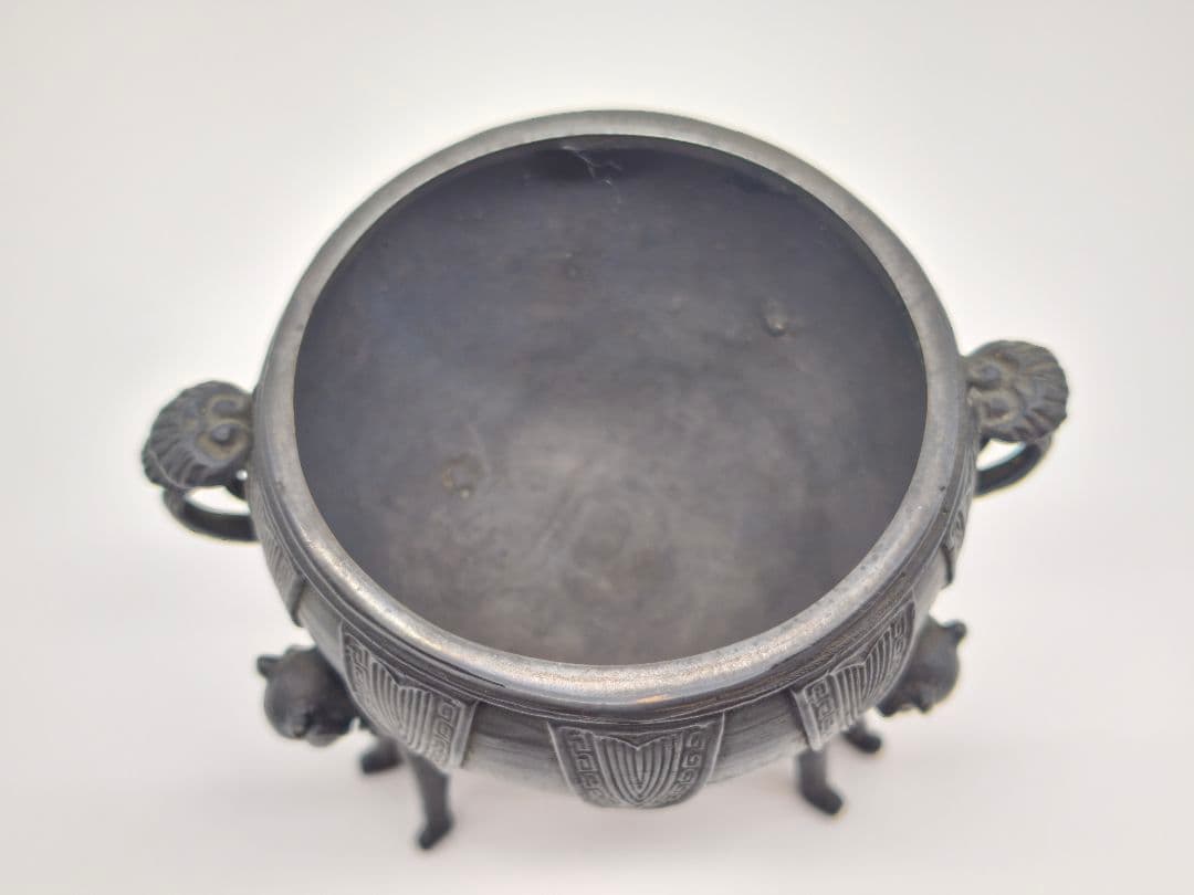 織田幸銅器 須賀月芳作 青銅製 香炉 玉型 霊芝耳 唐子足 螺鈿模様