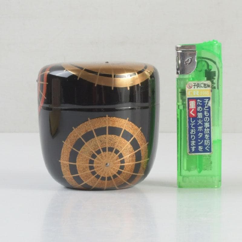 茶道具　山中塗　熊谷秀穂作　傘蒔絵　中棗　共箱　V　9489