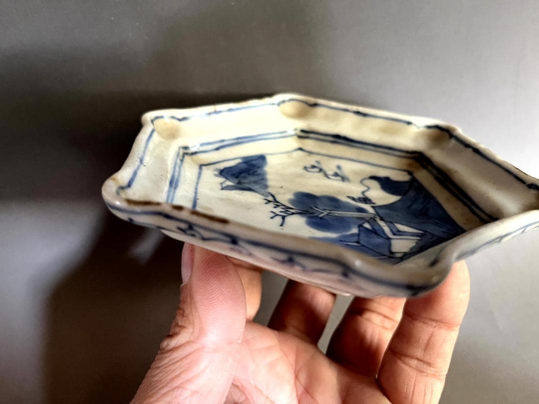 皿■古伊万里染付山水人物六角形皿 江戸期 古染 輪花 古美術 時代物 骨董品■
