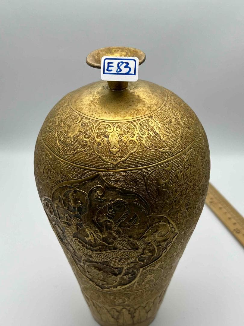 唐時代　金象嵌　鏨彫龍鳳吉祥蓮唐草花芭蕉文大瓶　瑞獸図　瑞龍鳳凰紋(E-83)