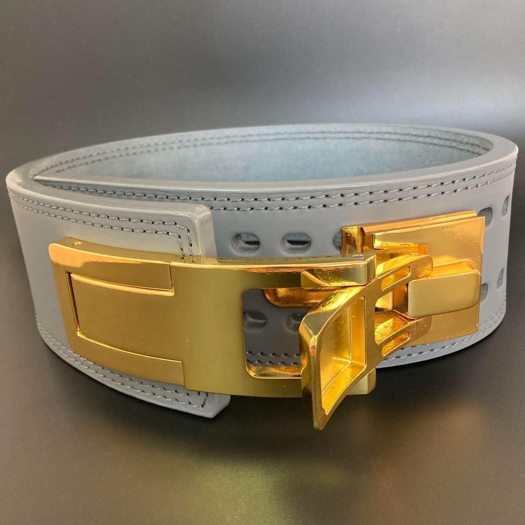 【訳あり】 パワーベルト レバーアクション 本革 グレー×ゴールド 可変式