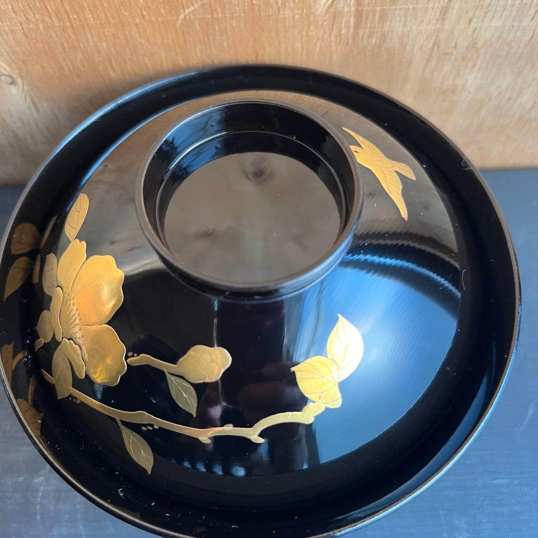木製漆器 千鳥 金蒔絵 盛金 吸物椀 八客 黒塗 椿 時代
