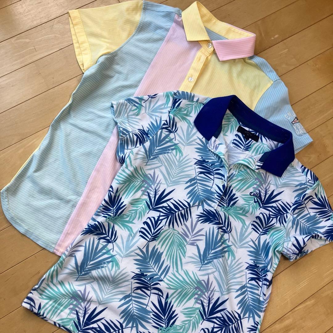 極美品キャロウェイゴルフポロシャツマルチカラーブランドロゴ刺繍リーフ柄葉柄セット