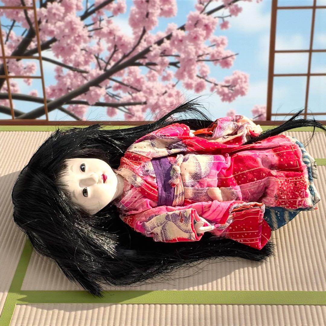 市松人形 明治後期 市印 朱印 三つ折れ 単色黒目 ガラス目 縮緬 1890年代