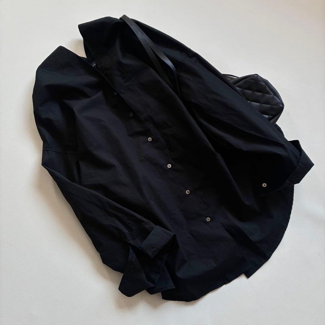 ◆美品◆ミズイロインド◆綿100Vネック長袖シャツ◆ブラウス◆黒◆大きめ◆日本製