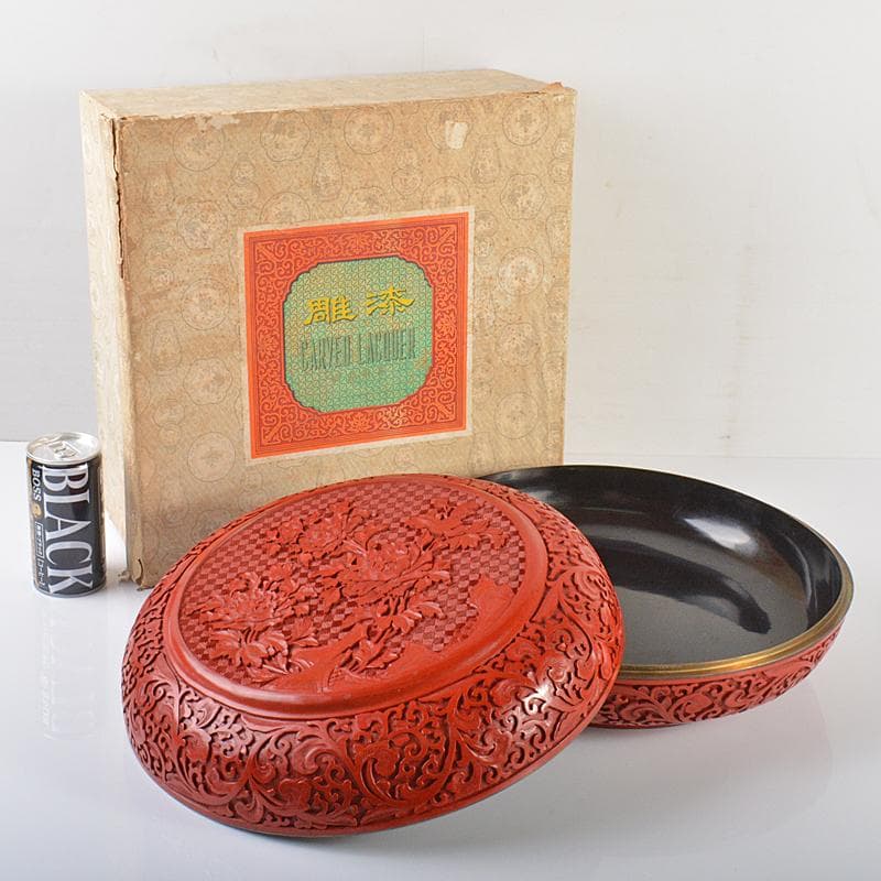 中国　剔紅　堆朱　内黒漆　花文　蓋物　G　R6246B