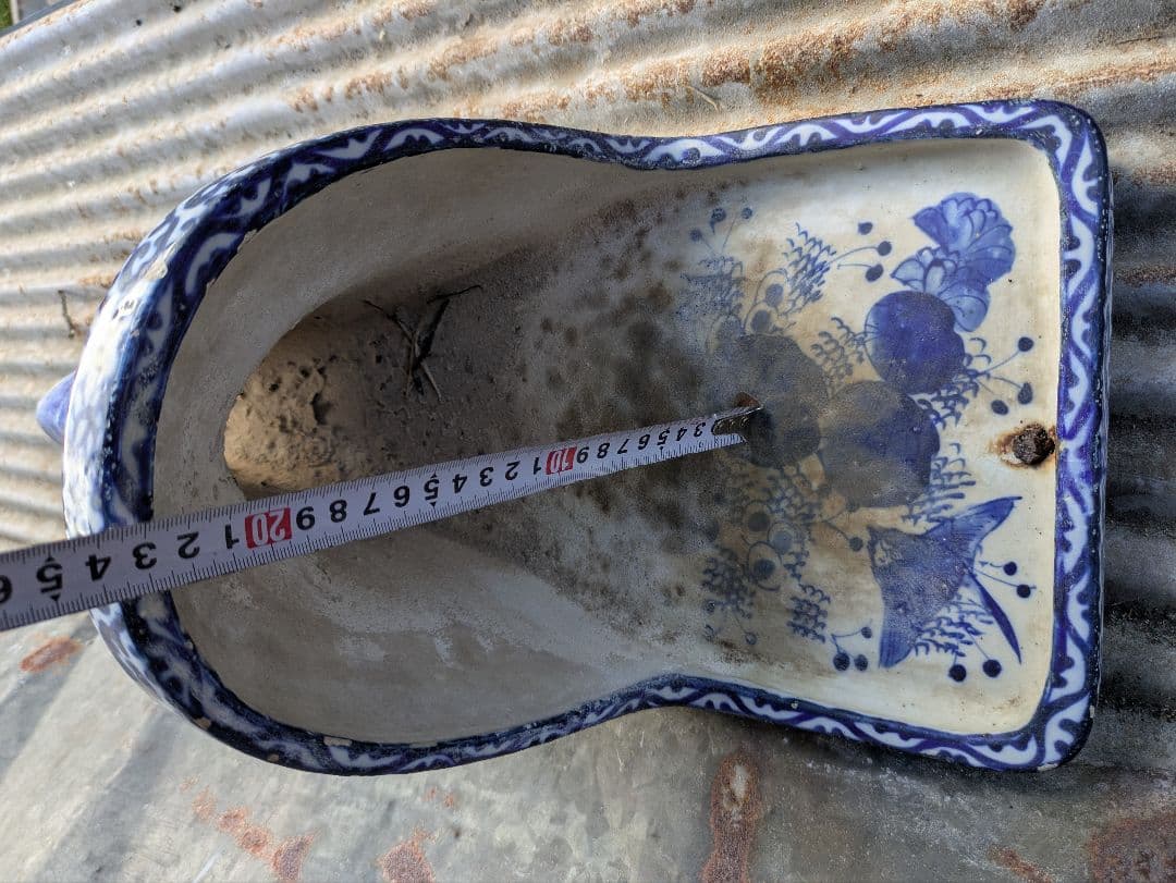 古便器　小便器　セット　青と白の花柄陶器　古道具　アンティーク　伊万里焼