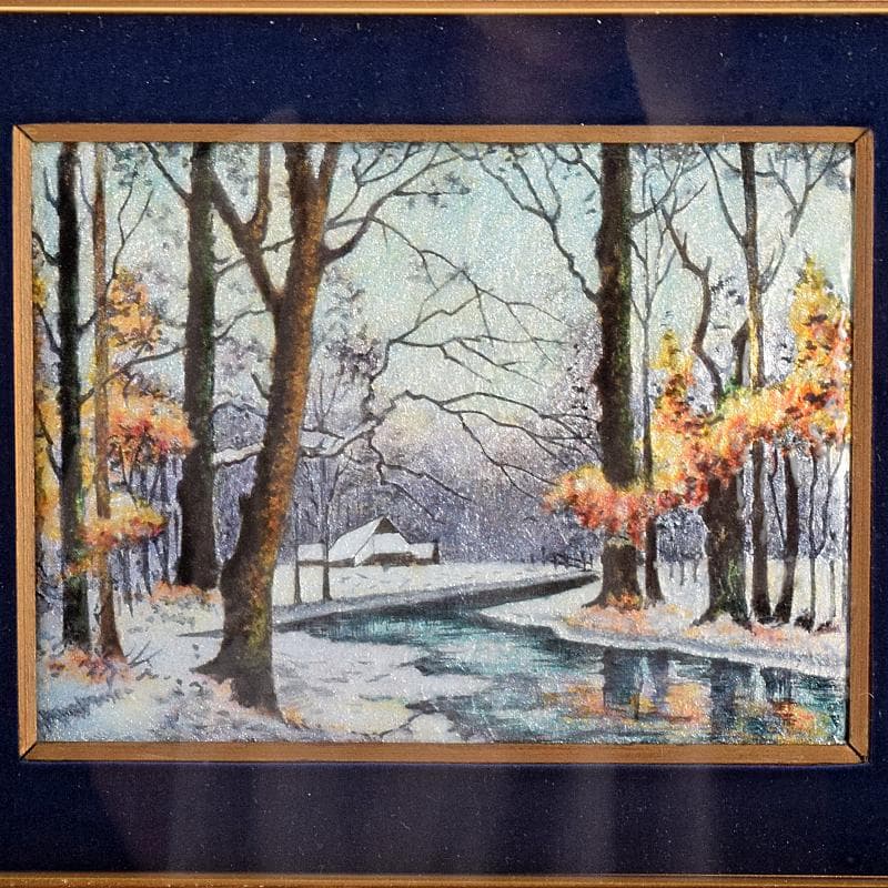 リモージュ磁器　七宝焼　リモージュ・エマイユ　冬景色文額　額装　G　R7857B