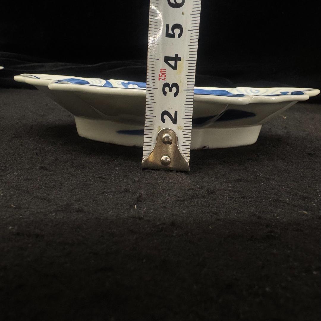 美品！　藍鍋島流水鷺図 皿　 浮彫 　浪形皿　五客 共箱