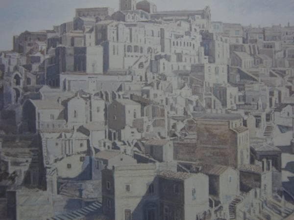 松浦安弘、山頂の町「マテーラ」、希少な画集より、新品高級額・額装付