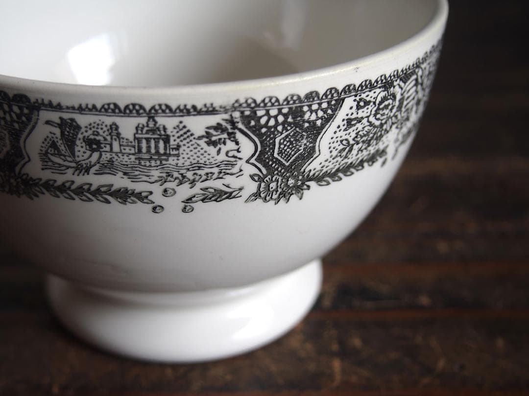 ヴィクトリアン様式 グリザイユ カフェオレボウル スペイン古陶 南欧/K339