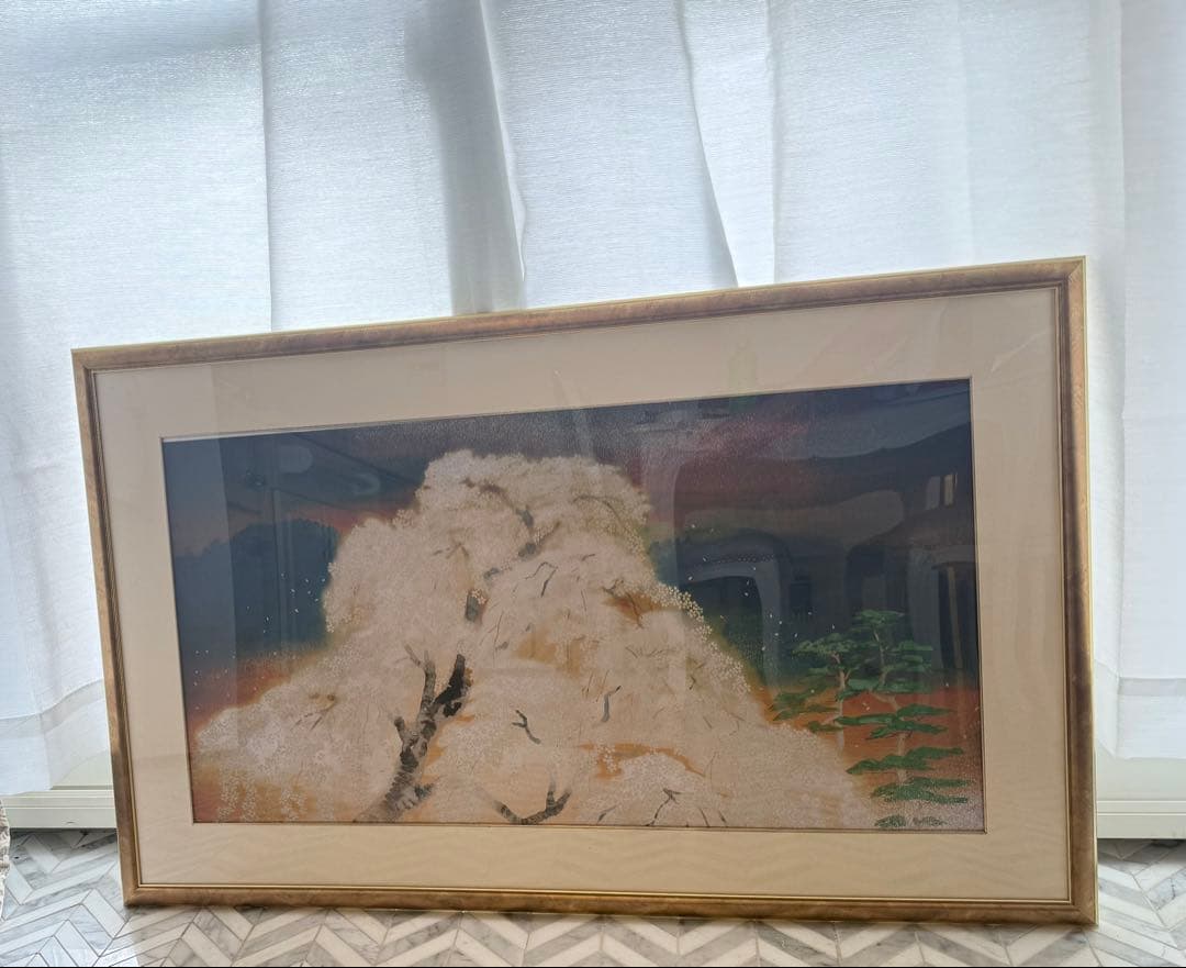 絵画【夜桜】 日本画 金縁額装済み