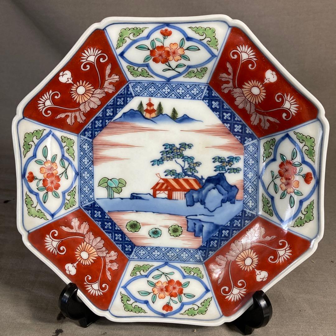 【今右衛門】色鍋島の伝統　人間国宝　十三代今泉今右衛門作　錦山水見込絵　八角皿