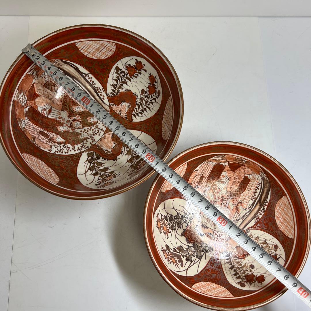 明治初期　九谷焼　赤絵人物画鉢大小　口径約21.5/18.5㎝東Y8-0123①