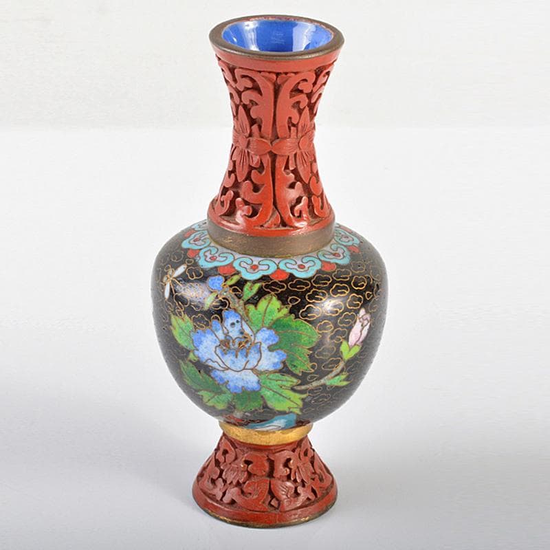 中国　古七宝　剔紅　堆朱　花文瓶　U　R6247