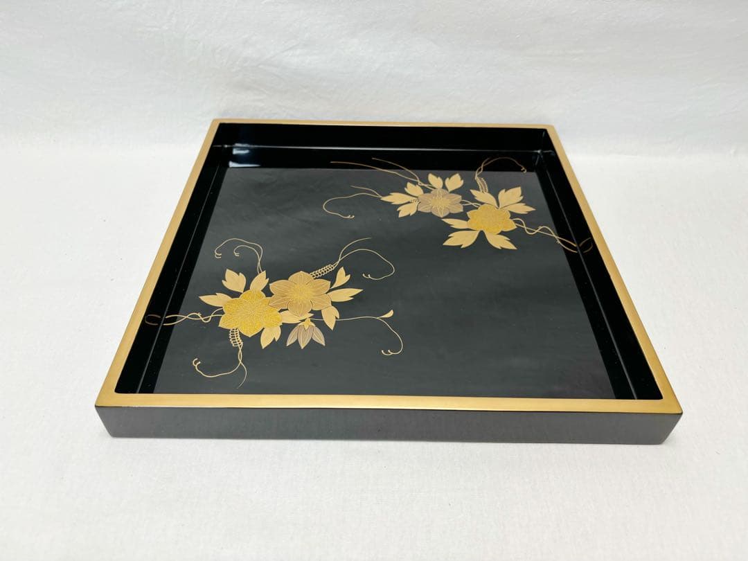 ほぼ未使用 茶道具 輪島塗 金彩花蒔絵 重台 四方盆 木製黒真塗 能登国輪島共箱