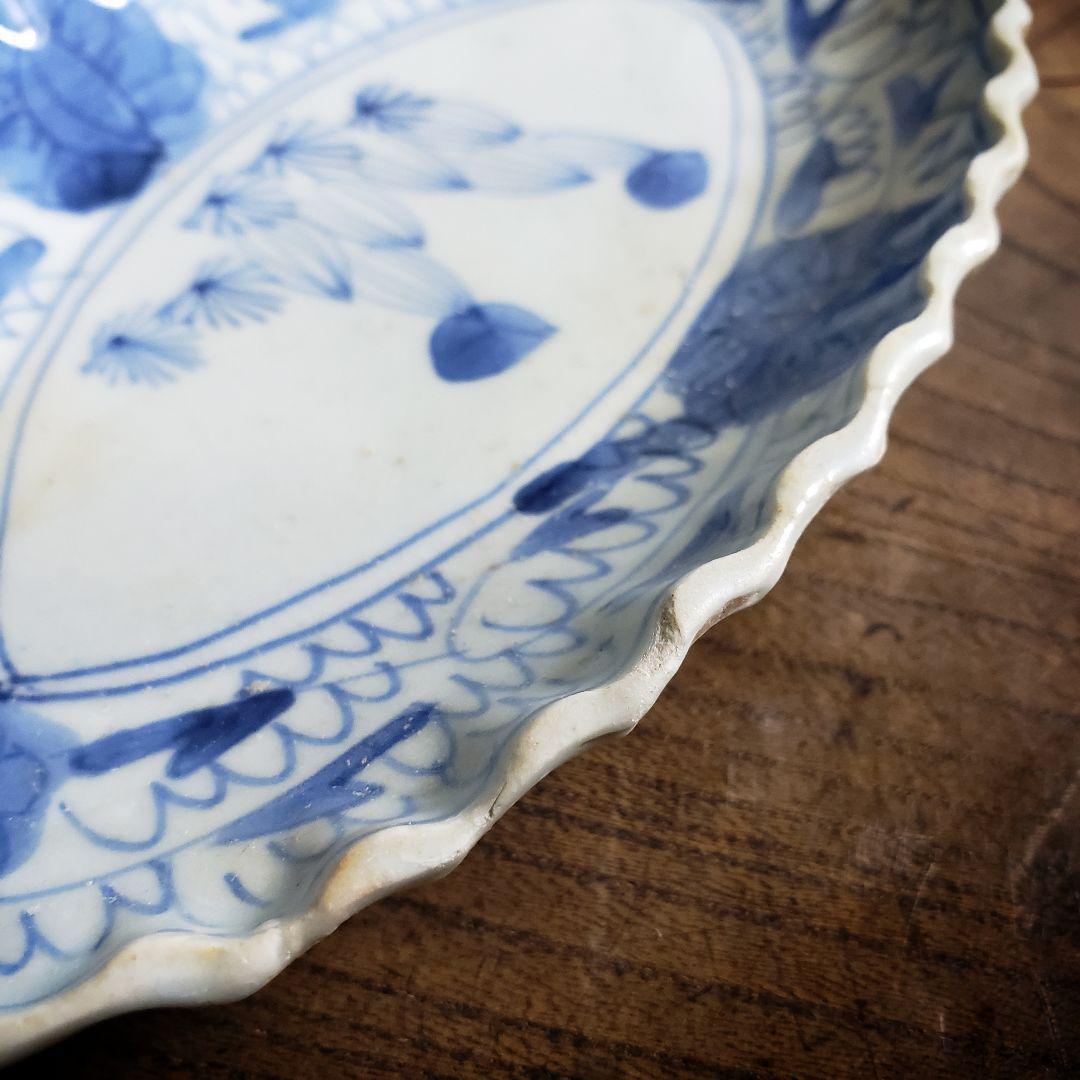 染付 楕円形 変形皿 砥草 訳あり 欠け 中国物 中国骨董 サボテン 微塵唐草