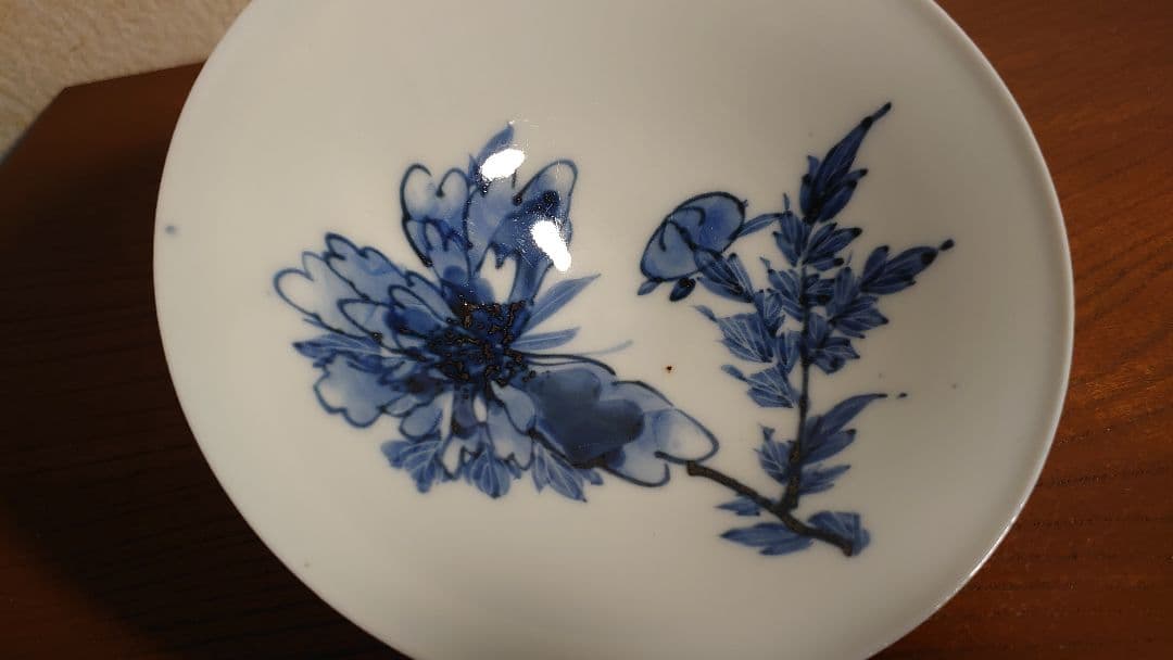 李朝　古染付　染付　華の図　古玩　平茶碗　茶道具　菓子鉢　１客