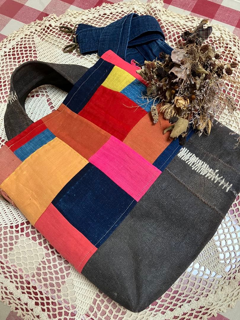 紅花染め茜染め草木染め藍染柿渋染め酒袋刺し子古布2wayショルダー手提げバック