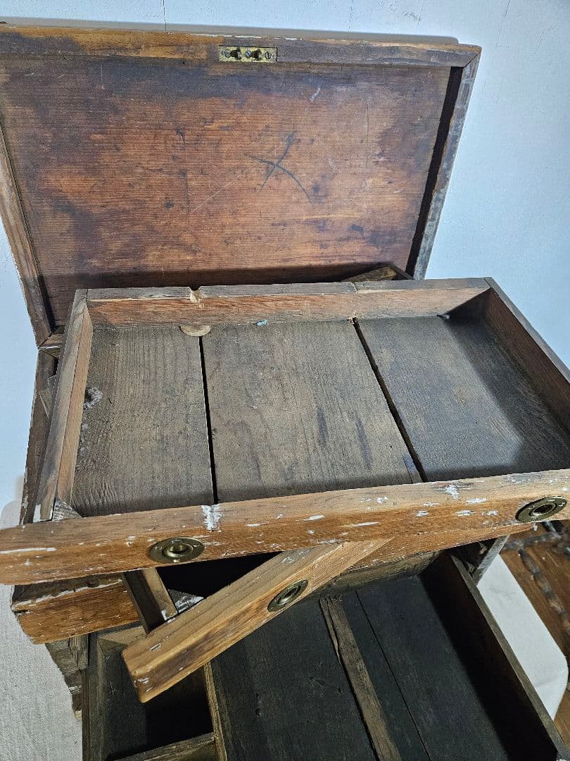 USアンティーク 無垢材の古い工具箱 木製 木箱 ツールボックス 道具箱 ケース
