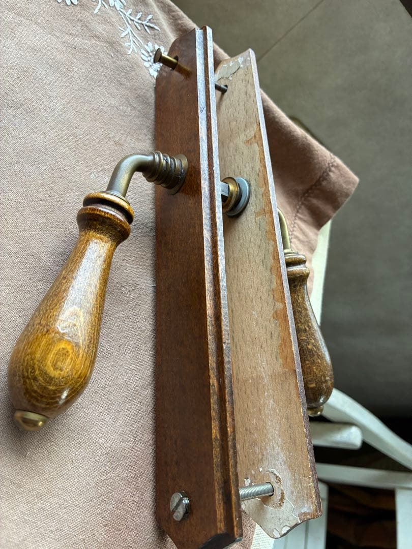 フランス　アンティーク 木製 ドアノブ　セット　取っ手 サマリテーヌ　真鍮　レア