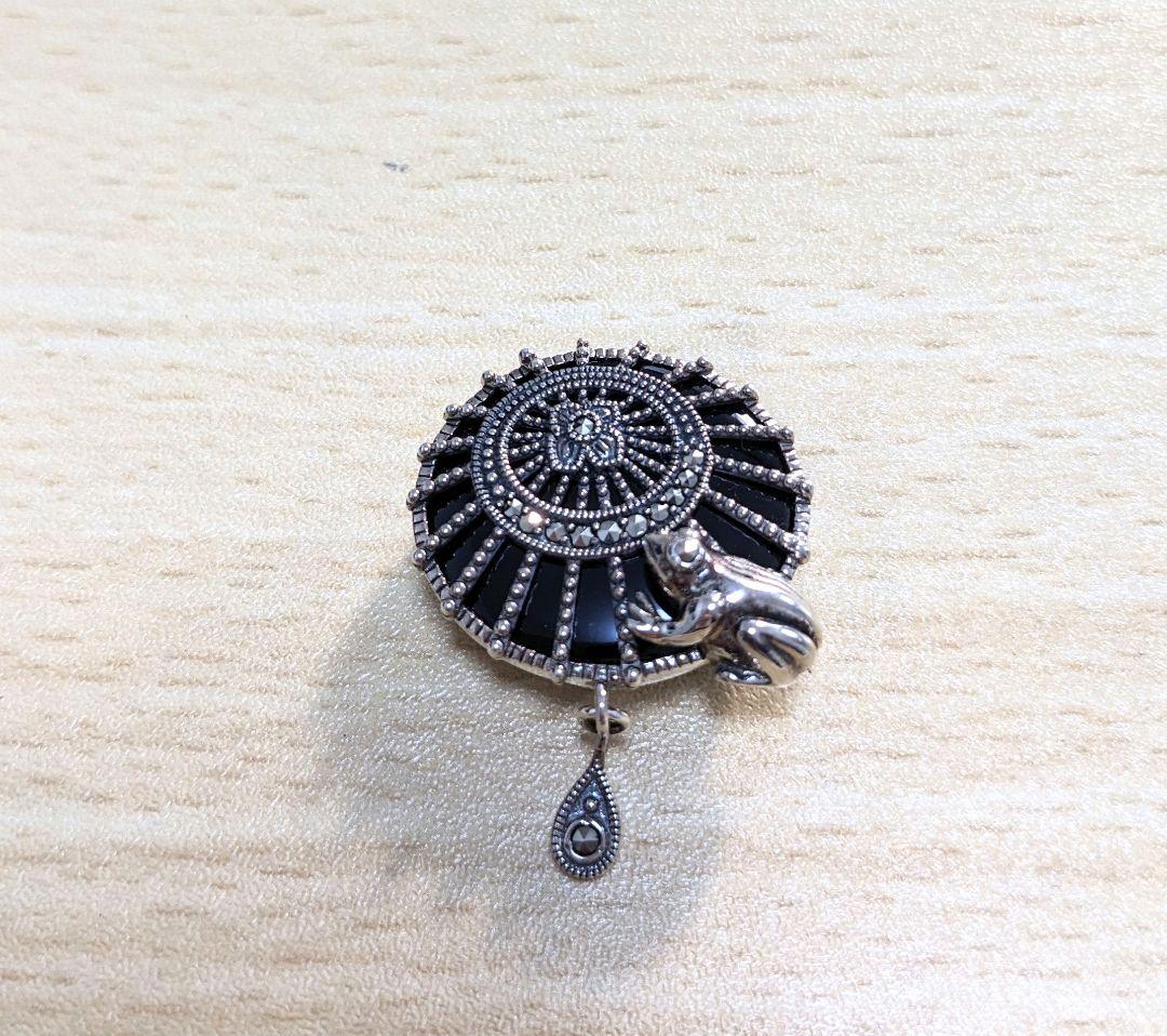 碌山　SVオニキスカエルブローチ　ペンダントトップ　　SV925　未使用