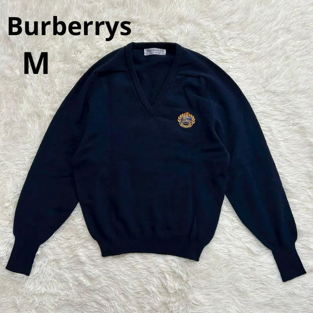 Burberrys スコットランド製 Vネックニット 刺繍ロゴ ウール100%
