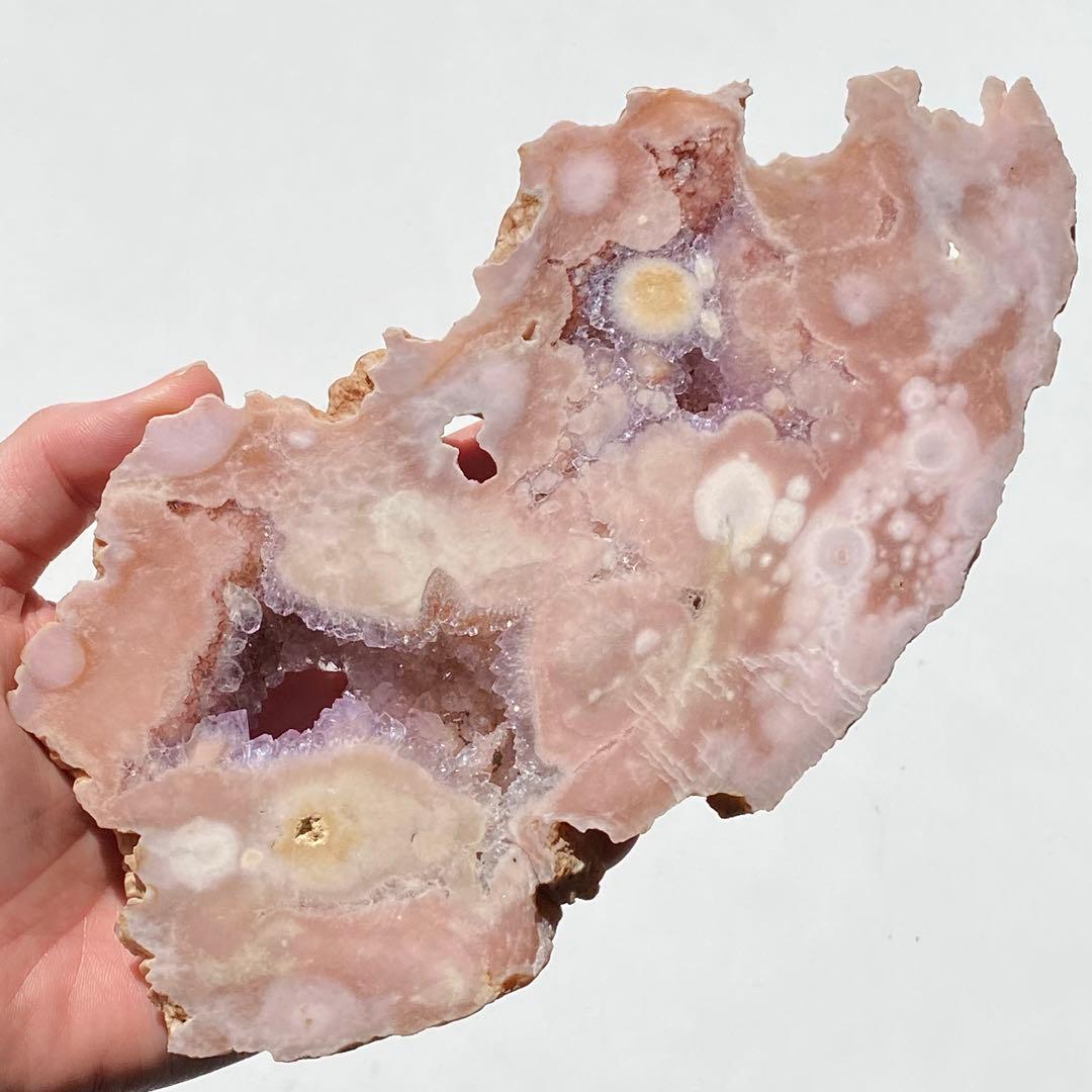 【 高品質 美しい ピンク アメジスト フラワーアゲート 原石 スラブ 台座付き